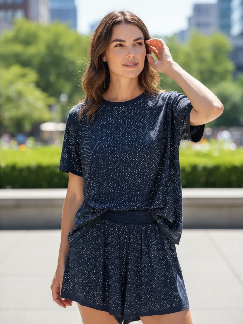 Ladies' Navy Sequin Dot Short Set